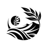 Stylized black and white illustration mountains, a leafy branch, and a sunlike circle within an enclosed shape. vector