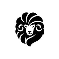 A stylized monochrome featuring a lions head with a unique design, showcasing abstract mane and ramlike horns. vector