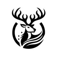 Black and white minimalist deer silhouette within a circle frame, showcasing majestic antlers and elegant design, perfect for a or emblem. vector