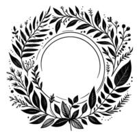 Intricate black and white botanical wreath with floral elements framing a central circle on white. vector