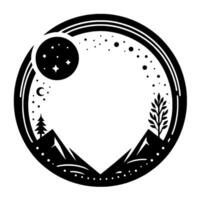 A minimalist night landscape scene framed in a black circular border, featuring mountains, moon, stars, crescent, and trees. vector