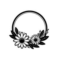 Elegant black and white floral frame featuring daisies, leaves, and a circular border with a minimalist aesthetic vector