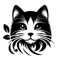 Elegant black white cat portrait, intricate whiskers, foliage accent, simple stylish, illustration, serene expression. vector