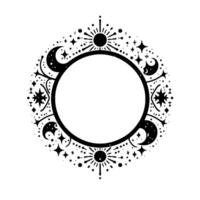 Celestial mandala frame a symmetrical black and white with stylized suns, moons, and stars encircling a central blank space for an esoteric and decorative aesthetic. vector