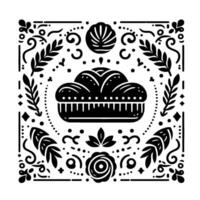 A symmetrical black and white illustration of a loaf of bread in a basket, surrounded by decorative floral and leafy elements, creating a folk art or stencil aesthetic. vector