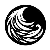 Monochrome circular design white stylized winglike feather structure contained in a black circle, with a modern and elegant aesthetic. vector