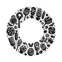 A circular minimalist blackandwhite illustration of various candies, lollipops, and decorative elements, forming a wreath with a blank center. vector