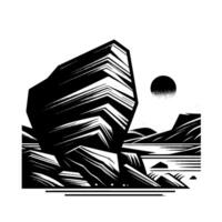 Geometric black and white landscape stark rock formations, lake, mountains, and a gradient sun in minimalist style. vector
