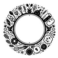 Black and white circular food and botanical illustration with an open circle center, suitable for labels. vector