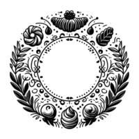 Intricate black white floral circular border design, ornamental decorative frame with leafy and swirling elements. vector