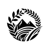 Emblem featuring a stylized landscape with two mountains, wheat fields, and a laurel wreath, evoking a sense of growth. vector