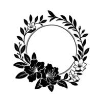 Elegant black and white floral wreath featuring a circular frame, stylized flowers, and leaves, ideal for elements or invitations. vector