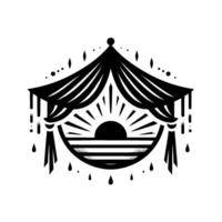 Black and white illustration of a stylized circus tent with a sunriselike element, decorative droplet details, and a geometric, minimalist style. vector