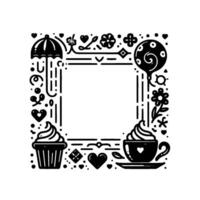 Black and white illustration of a decorative square border with cupcake, coffee, hearts, umbrella, and floral elements. vector