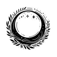 Elegant, black and white celestial illustration featuring a moon crescent, stars, decorative leaves, and mountain silhouette within a circular frame. vector