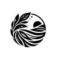 Circular minimalist black and white nature design. leaves and wavy lines surround a sunlike circle, creating a serene landscape. vector
