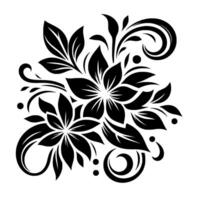 Intricate black and white floral pattern featuring stylized flowers, leaves, and swirls, isolated on a white background. vector