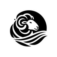 Stylized black and white ram head silhouette, curvilinear design, circle composition, bold graphics. vector