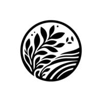 Stylized black and white natureinspired featuring a leafy branch and a stylized landscape within a circular frame. vector
