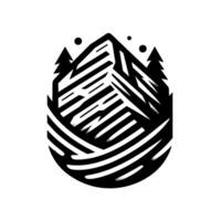 Bold, monochromatic, stylized mountain and forest landscape illustration, enclosed within an oval frame, featuring lines. vector