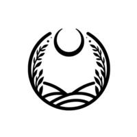 Black and white minimalist logo, circular with a crescent moon at the top, stylized landscape below, wheatlike branches frame the design. vector