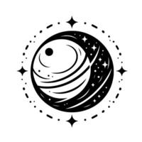 Black and white celestial emblem circular with planets, stars, and dotted orbits on a white background. vector