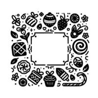 Whimsical blackandwhite festive frame filled with playful illustrations of sweets, gifts, and springtime symbols, with a central empty square. vector