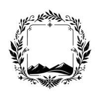 Elegant black white circular frame with botanical leaves, square border, and mountain silhouette, perfect for invitations. vector