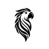 Elegant, stylized black and white parrot head illustration, featuring intricate featherlike lines, on a clean white background. vector