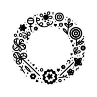Whimsical black and white circular floral wreath illustration with various shapes and dots on white background vector