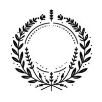 Elegant black and white circular wreath illustration with floral and dotted elements, minimalist design, perfect for wedding invitations and decorations vector