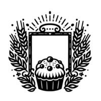 Elegant monochrome bakery with a framed space, featuring a cupcake encircled by wheat and leafy sprigs. vector