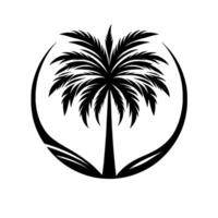 Minimalist black palm tree inside a circular frame with shadow, emphasizing tropical aesthetic. vector