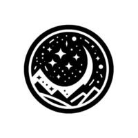 Circular black and white of mountains, moon, stars, and celestial dots, evoking nighttime serenity vector