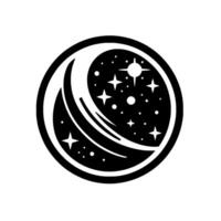 A minimalist, circular featuring a stylized crescent moon, stars, and a streaking line, rendered in black and white against a white background, evocative of space exploration and cosmic beauty. vector
