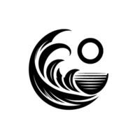 Circular black and white minimalist featuring stylized ocean waves, a rising sun, and a seascape. vector