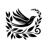 A stylized, minimalist, and elegant black and white emblem depicting a flying dove encircled by flourishing olive branches, symbolizing peace. vector