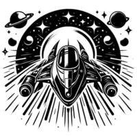 Black and white retro spaceship speeding through space, surrounded by planets and stars, radiating light. vector