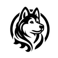 Art siberian husky head in a circle, black white, minimalist emblem, facing right, vector