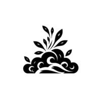 Abstract black and white floral featuring stylized cloudlike forms with upward leaves and water elements, set against a white backdrop. vector