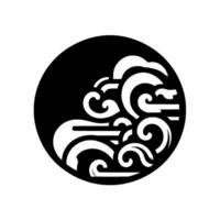 Abstract black circle with intricate white swirls and curves representing oceanic movement or abstract energy on white background. vector