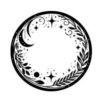 Celestial mandala a circular featuring crescent moons, stars, and leafy vines forming a stylized, mystic frame in monochrome. vector