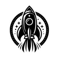 Bold, black white rocketship emblem, ascending into the starry cosmos, surrounded by a circular frame with stars and dots. vector
