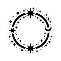 Black and white celestial circle starry frame with crescent moon, dots, and stellar motif on white background. vector