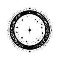 Celestial circular emblem with stars, crescent, and foliage in black and white, symbolizing spirituality and the cosmos vector