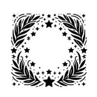Intricate black and white square featuring a circular frame of stylized leaves, stars, and dots, offering a celestial, festive aesthetic. vector
