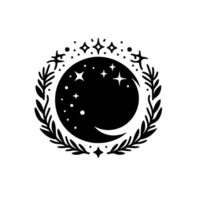A celestial emblem black and white illustration of a crescent moon adorned with stars, encircled by a laurel wreath and stylized stars and dots, exuding a mystical vibe. vector