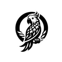 Stylized monochrome parrot logo perched cockatoo within a circular frame, sporting intricate feather detail, branch, and a bold, design. vector