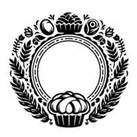 Elegant black and white floral wreath with cupcakes, ornate border, and empty center for text or design. vector