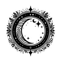Intricate circular black and white illustration featuring moon, stars, and foliage in an elegant celestial design. vector